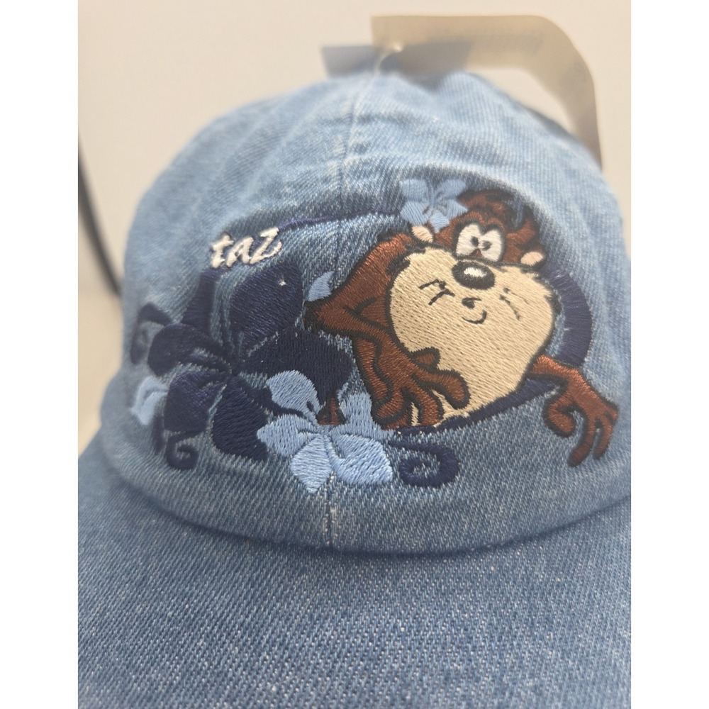 Looney Tunes Tazmanian Devil Embroidered Denim Hat Vtg 1997 Elastic Back TAGS